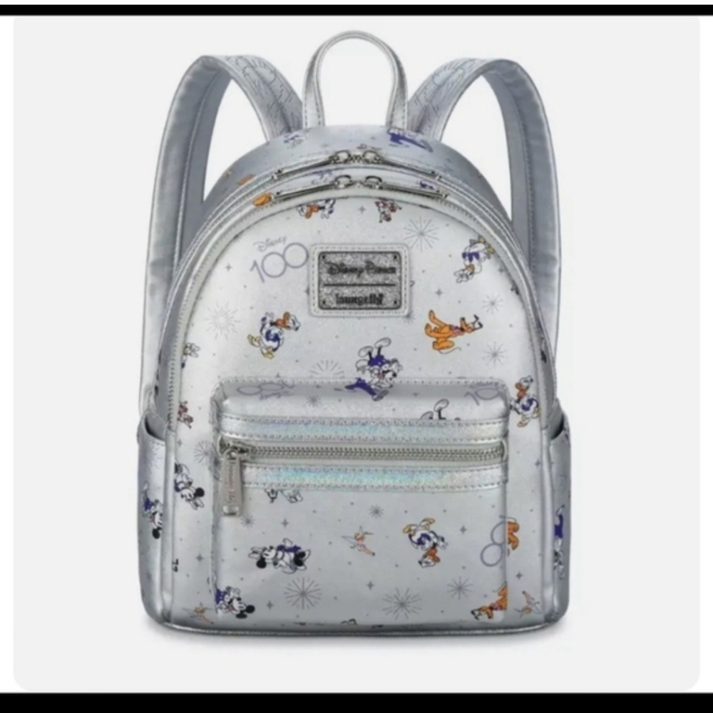 NWT Loungefly Disney 100 Silver Mickey& Friends AOP Backpack Ears